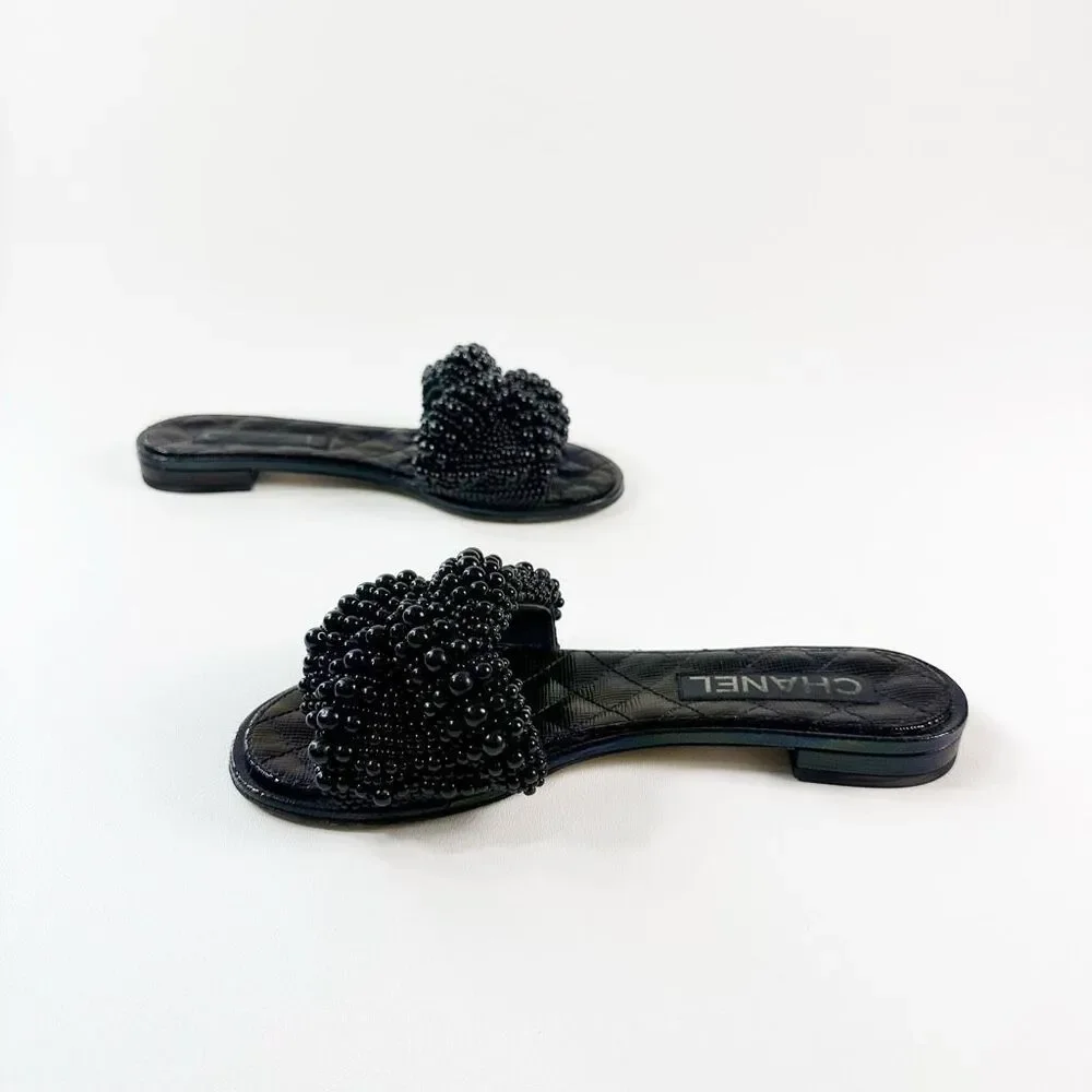 CHANEL Black Fantasy Pearl Cord Sandals Size 37 Mules Open Toe Slides CC Flat
